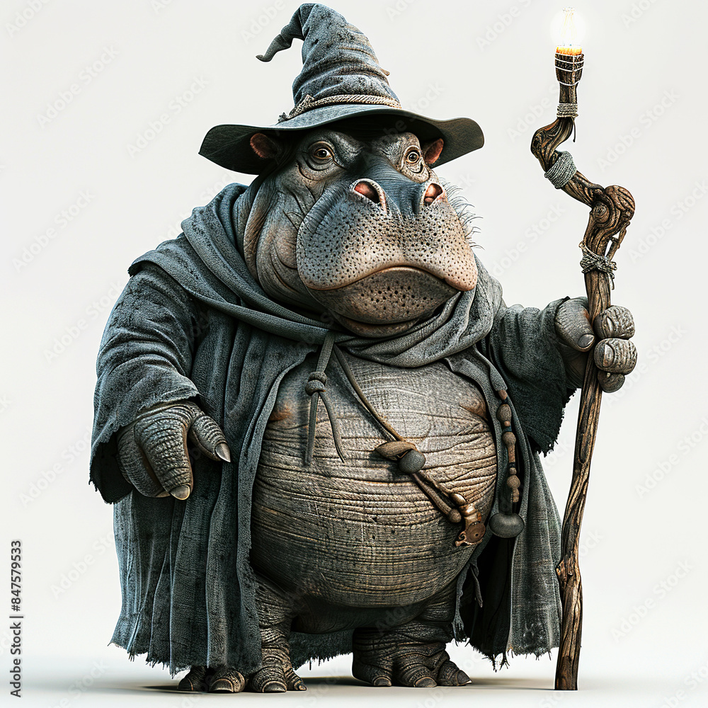 Obraz premium Adorable Hippopotamus wizard cartoon. Chibi Hippopotamus magician. Cute Hippopotamus mage