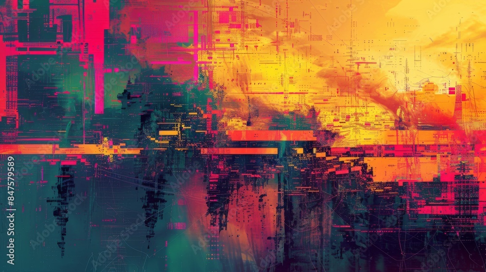 Obraz premium Glitched digital artifacts corrupted landscapes abstract background