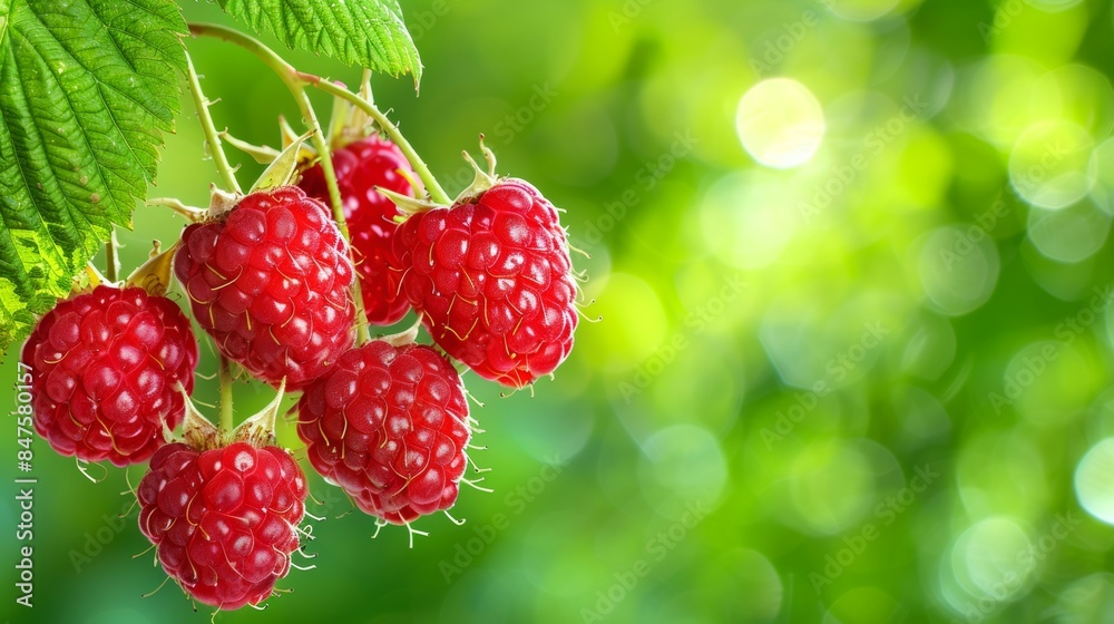 Juicy ripe raspberry branch in garden with lush blurred green background for a vibrant scene Juicy ripe raspberry branch in garden with lush blurred green background for a vibrant scene