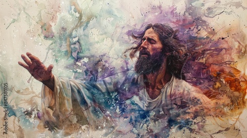 Captivating watercolor painting portraying Jesus Christ performing a miraculous act surrounded by a dreamlike ethereal scene of vibrant swirling brushstrokes and gentle spiritual colors