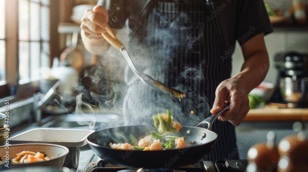 A chef cooks in a kitchen