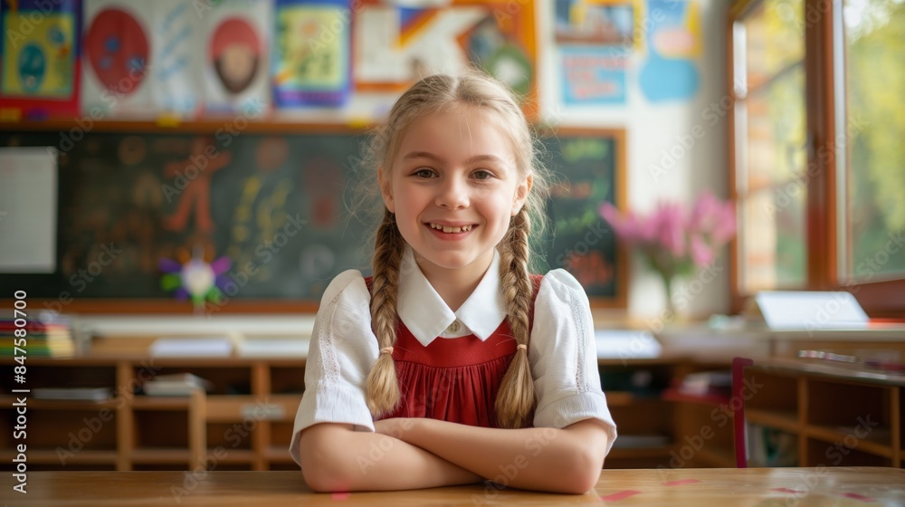 Smiling Young Polish Schoolgirl with Braids in Classroom, Elementary School Education, Learning Environment Smiling Young Polish Schoolgirl with Braids in Classroom, Elementary School Education, Learning Environment
