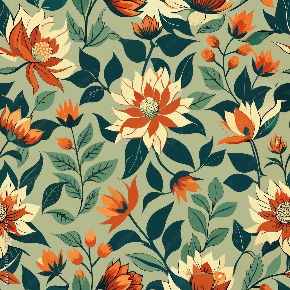 Seamless pattern of cascading leaves and blossoms in a rhythmic design, Generative AI Seamless pattern of cascading leaves and blossoms in a rhythmic design, Generative AI