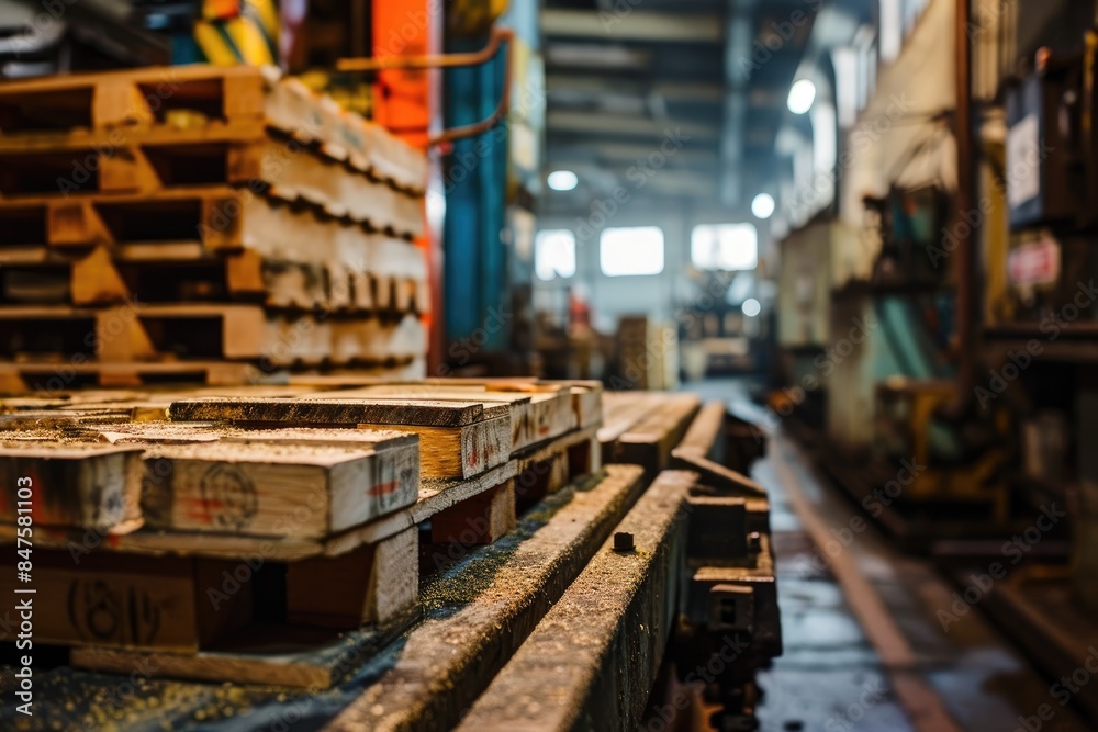 Shop production of wooden pallets for transportation and storage of goods. Warehouse filled with stacks of pallets.