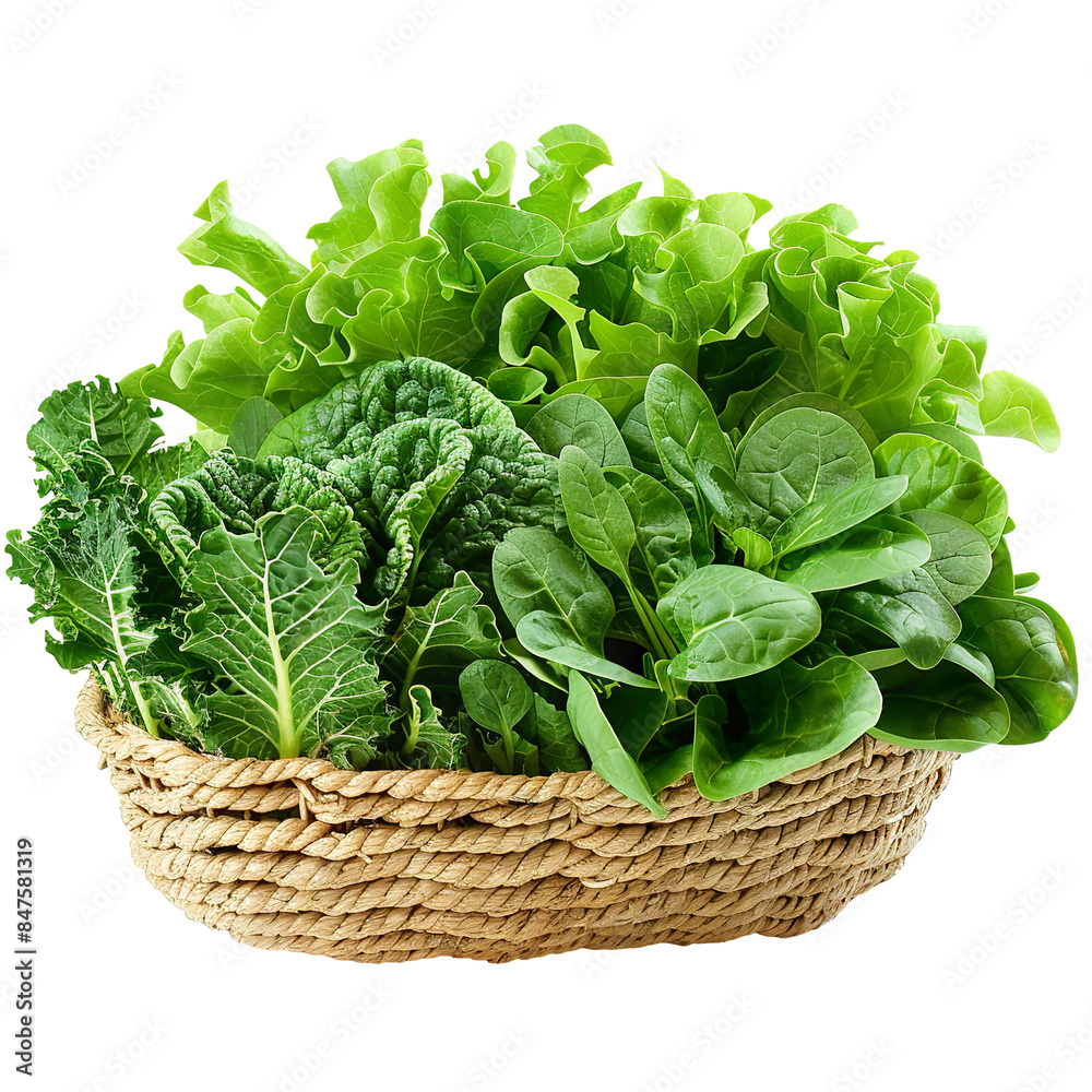 green lettuce leaves and spinach arranged in a straw basket, isolated on a white background PNG green lettuce leaves and spinach arranged in a straw basket, isolated on a white background PNG
