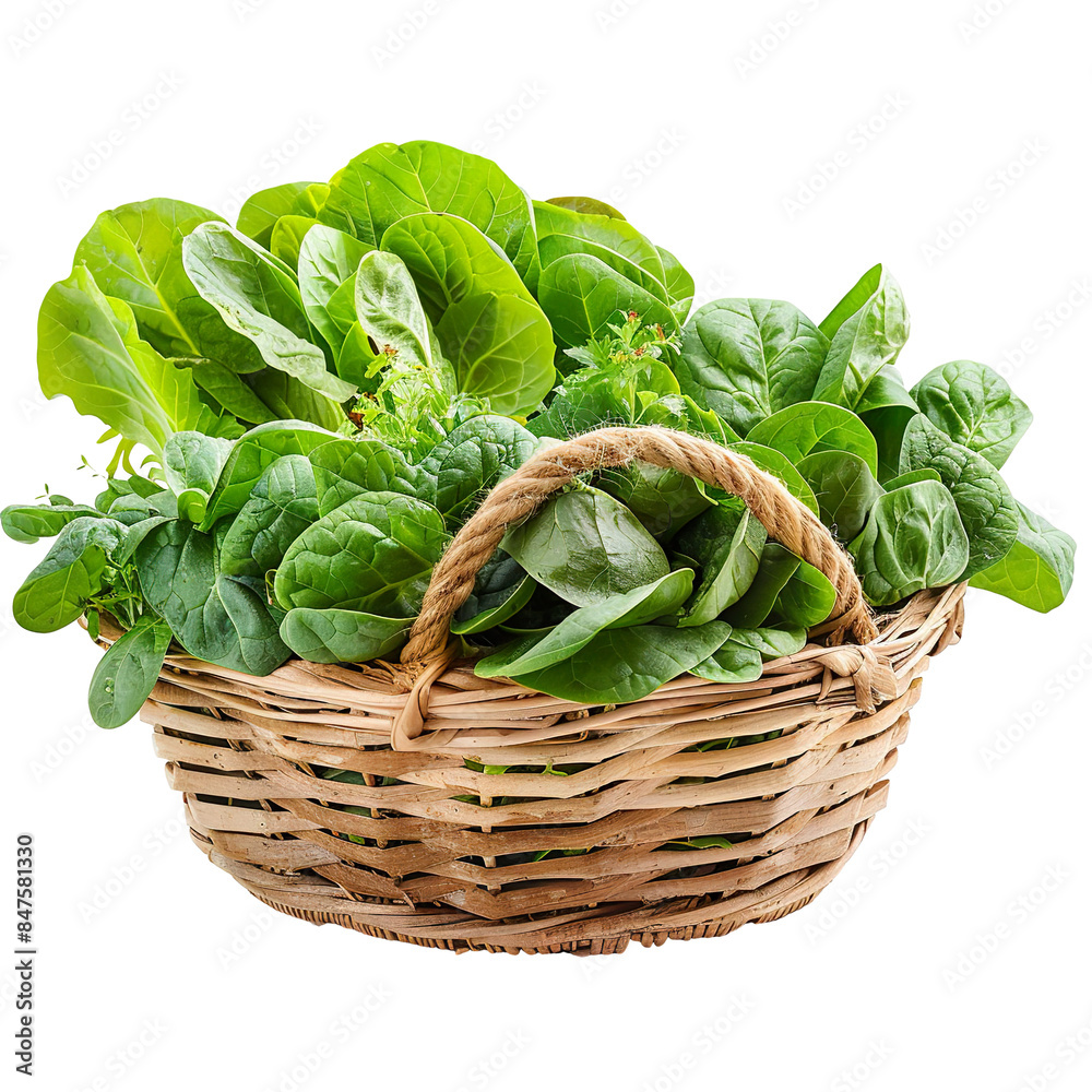 green lettuce leaves and spinach arranged in a straw basket, isolated on a white background PNG green lettuce leaves and spinach arranged in a straw basket, isolated on a white background PNG