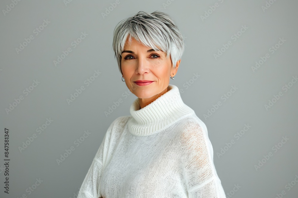 Elderly beautiful woman with gray short cut hair. Old model in white knitted sweater poses on light gray background. Elderly beautiful woman with gray short cut hair. Old model in white knitted sweater poses on light gray background.
