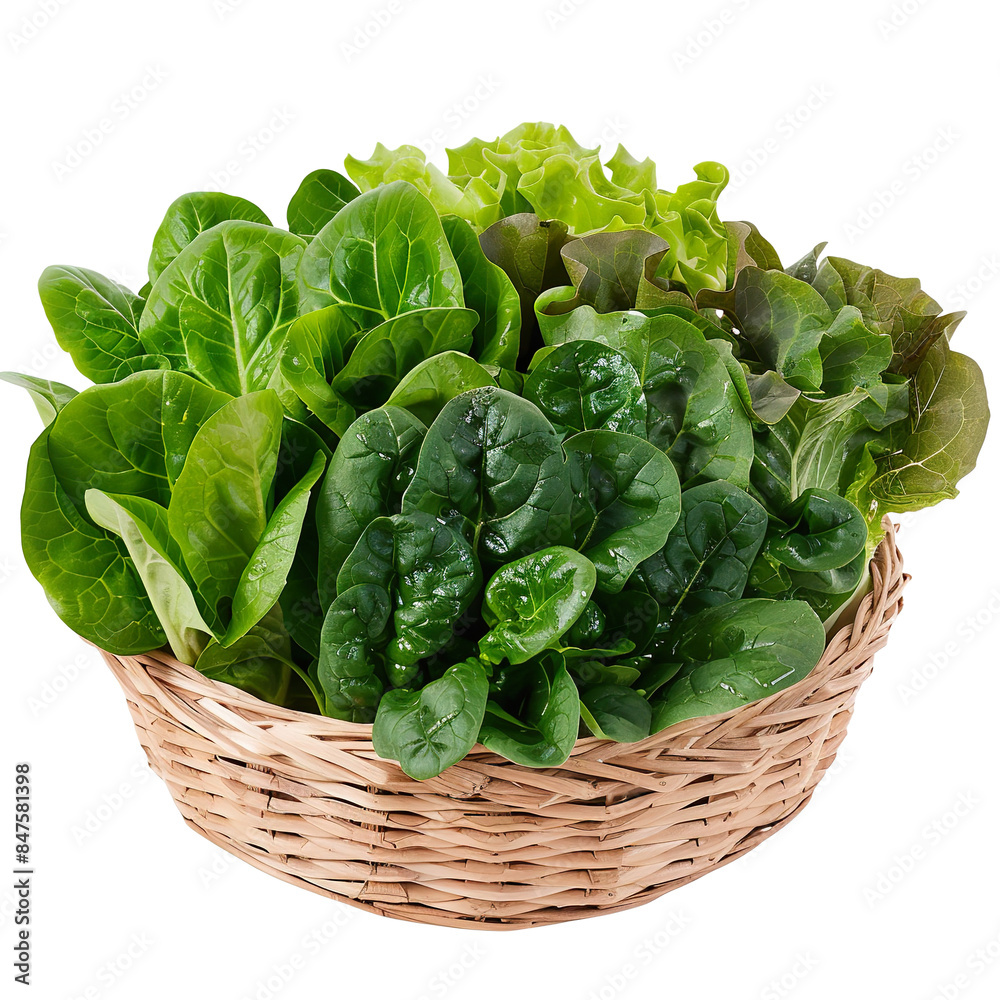 green lettuce leaves and spinach arranged in a straw basket, isolated on a white background PNG green lettuce leaves and spinach arranged in a straw basket, isolated on a white background PNG