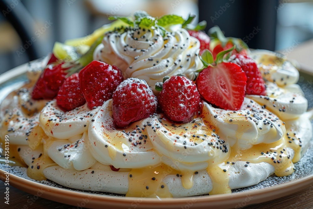 New Zealand: Pavlova A meringue-based dessert topped with whipped cream and fresh fruits like kiwi, strawberries, and passionfruit. New Zealand: Pavlova A meringue-based dessert topped with whipped cream and fresh fruits like kiwi, strawberries, and passionfruit.