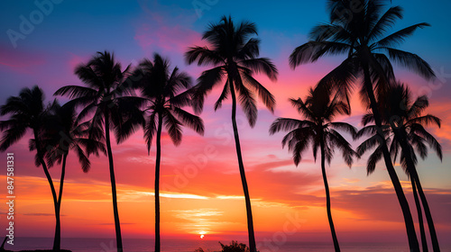 A beautiful sunset with palm trees in the foreground.