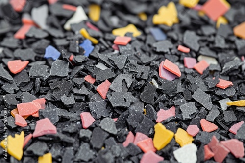 Multicolored polymer shredded granules made from recycled plastic.