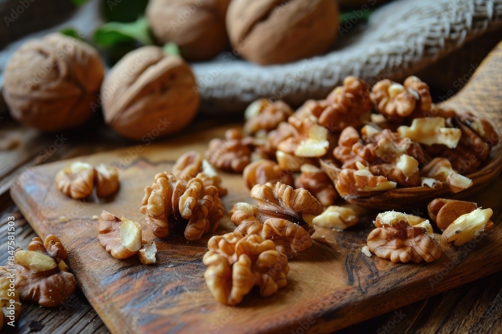 Walnuts whole unpeeled and cracked peeled on a wooden board on a rustic table. Walnuts whole unpeeled and cracked peeled on a wooden board on a rustic table.