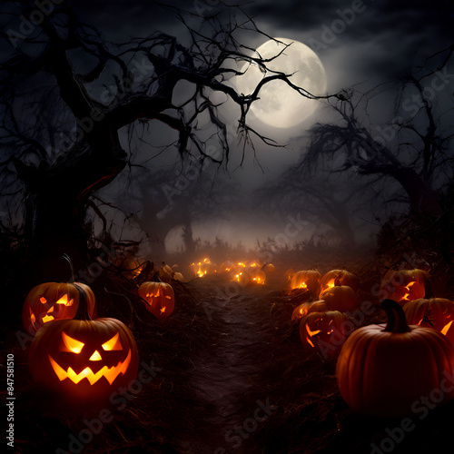 Eerie haunted pumpkin patch at night, glowing carved faces, thick fog, full moon, ghostly apparitions among twisted trees