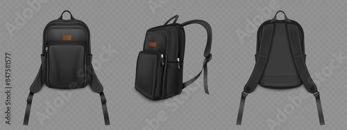 Black realistic 3d backpack mockup with drawstring, pocket and zipper front, side and back view. Vector template of school or travel rucksack bag with handle. Blank leather knapsack with straps.