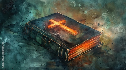 Breathtaking watercolor depicting the Holy Bible with an illuminated cross prominently featured on the cover  The visually stunning image evokes a sense of reverence spirituality