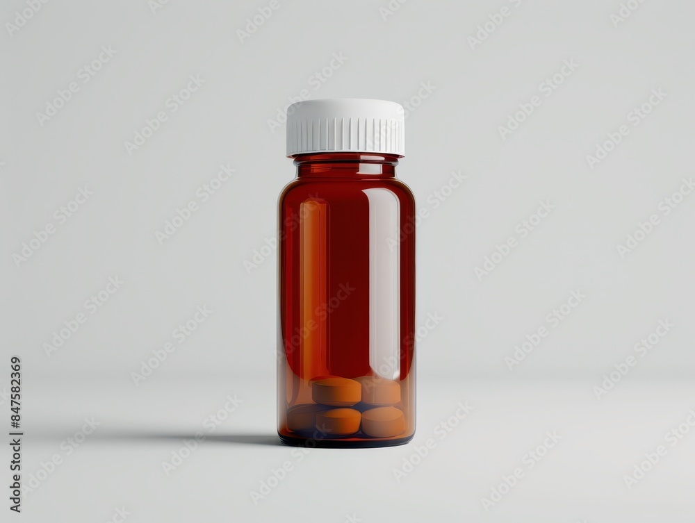 Close-up of a brown glass pill bottle with a white cap, filled with a few pills, on a white background. Close-up of a brown glass pill bottle with a white cap, filled with a few pills, on a white background.