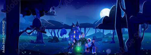 Scared kid boys in Halloween costumes and man with magic green light lamp standing in forest on path to spooky haunted house with light in windows at night under full moon. Cartoon vector scary scene.