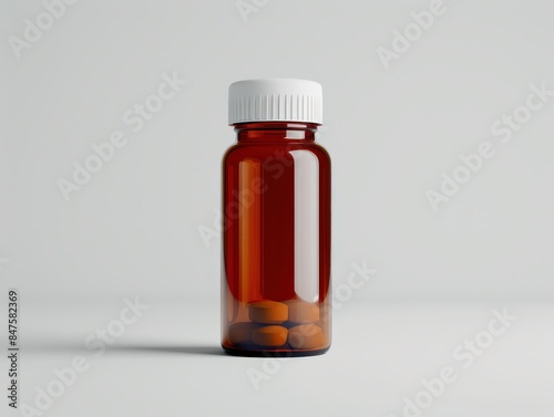 Close-up of a brown glass pill bottle with a white cap, filled with a few pills, on a white background.