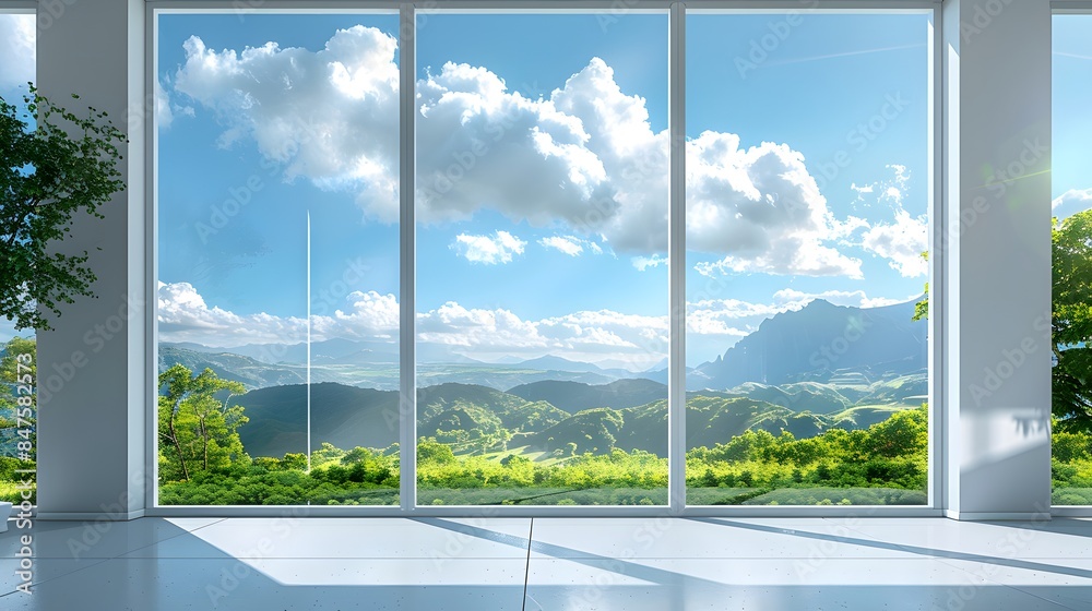 Naklejka premium 3 white windows with a clear sky and green landscape outside, a panoramic window with floor-to-ceiling glass, a blue sky with white clouds, bright sunshine, distant mountains, a natural scenery.