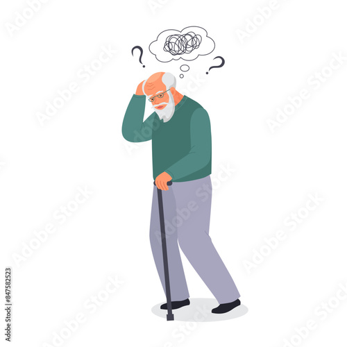 Old man suffer from dementia loss memory. Senior male struggle with Alzheimer disease. Flat vector illustration. 