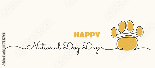 National Dog Day banner. Vector background template with single line paw print drawing and hand written style text. 