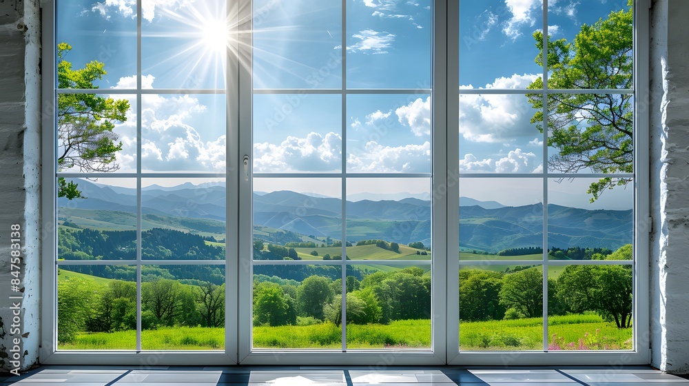 Fototapeta premium 3 white windows with a clear sky and green landscape outside, a panoramic window with floor-to-ceiling glass, a blue sky with white clouds, bright sunshine, distant mountains, a natural scenery.