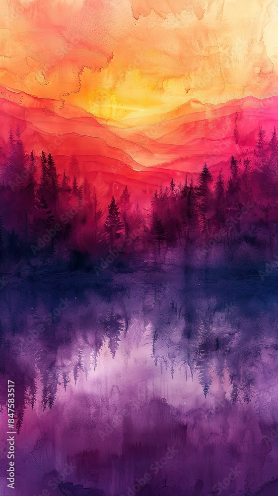 Sunset over the lake and forest. Digital painting on canvas Sunset over the lake and forest. Digital painting on canvas