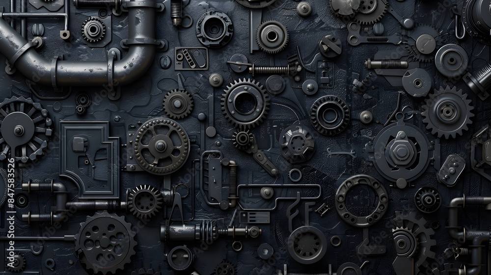 A black background with various mechanical parts such as gears, cogs and pipes. This creates an industrial-themed wallpaper that adds depth to any space. A black background with various mechanical parts such as gears, cogs and pipes. This creates an industrial-themed wallpaper that adds depth to any space.