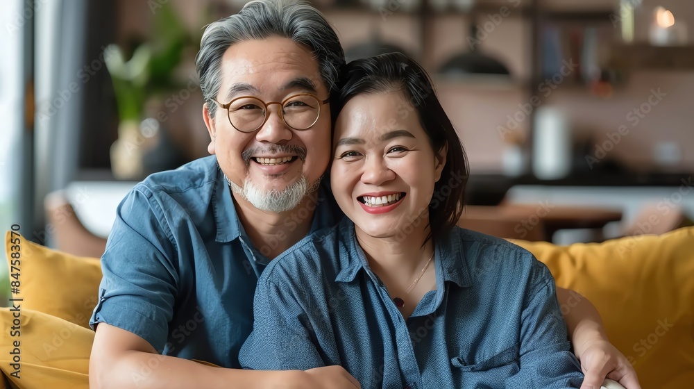 Obraz premium Happy senior Asian couple smiling and looking at the camera. They are sitting on a couch at home.
