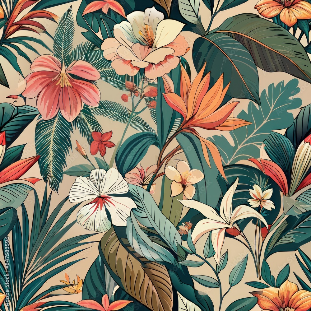 Seamless pattern of exotic flowers and plants in soft, muted colors, Generative AI Seamless pattern of exotic flowers and plants in soft, muted colors, Generative AI