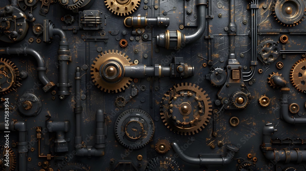 A black background with various mechanical parts such as gears, cogs and pipes. This creates an industrial-themed wallpaper that adds depth to any space. A black background with various mechanical parts such as gears, cogs and pipes. This creates an industrial-themed wallpaper that adds depth to any space.