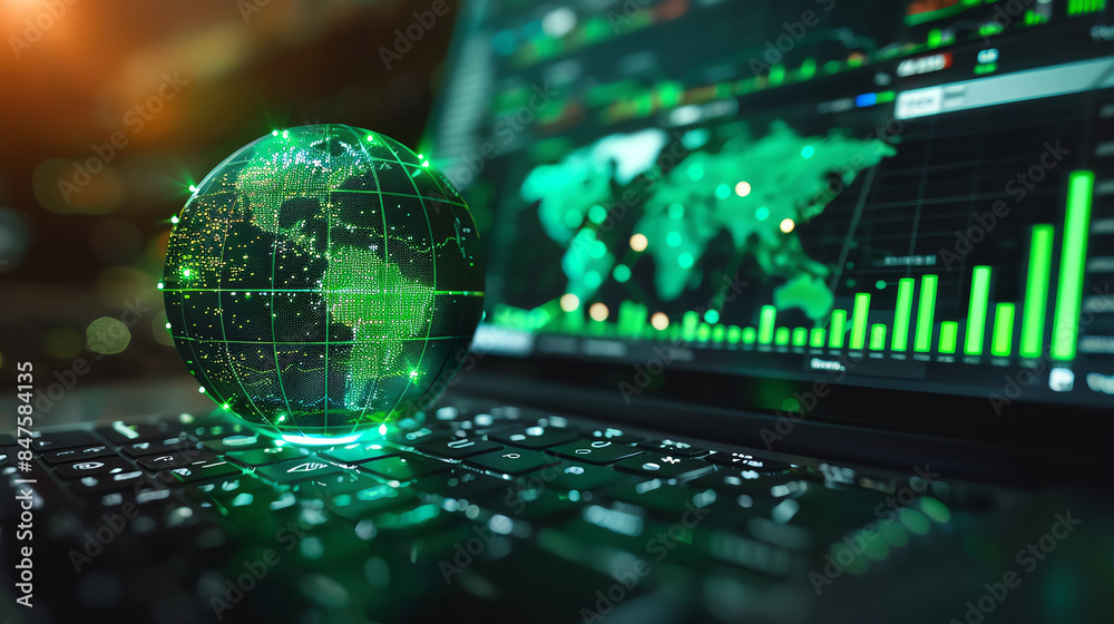 A glass globe sits on a laptop keyboard, with a screen showing green financial charts. This image represents global finance and technology. A glass globe sits on a laptop keyboard, with a screen showing green financial charts. This image represents global finance and technology.