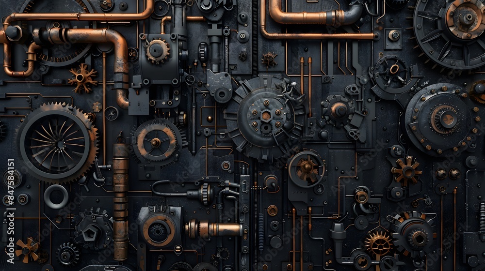 A black background with various mechanical parts such as gears, cogs and pipes. This creates an industrial-themed wallpaper that adds depth to any space. A black background with various mechanical parts such as gears, cogs and pipes. This creates an industrial-themed wallpaper that adds depth to any space.