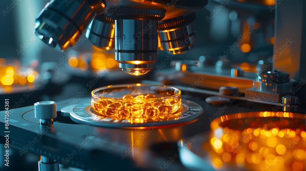 An advanced microscope being used to examine cells in petri dishes, with glowing lights illuminating each cell and its complex structure, into new medical technologies for cancer treatment. An advanced microscope being used to examine cells in petri dishes, with glowing lights illuminating each cell and its complex structure, into new medical technologies for cancer treatment.