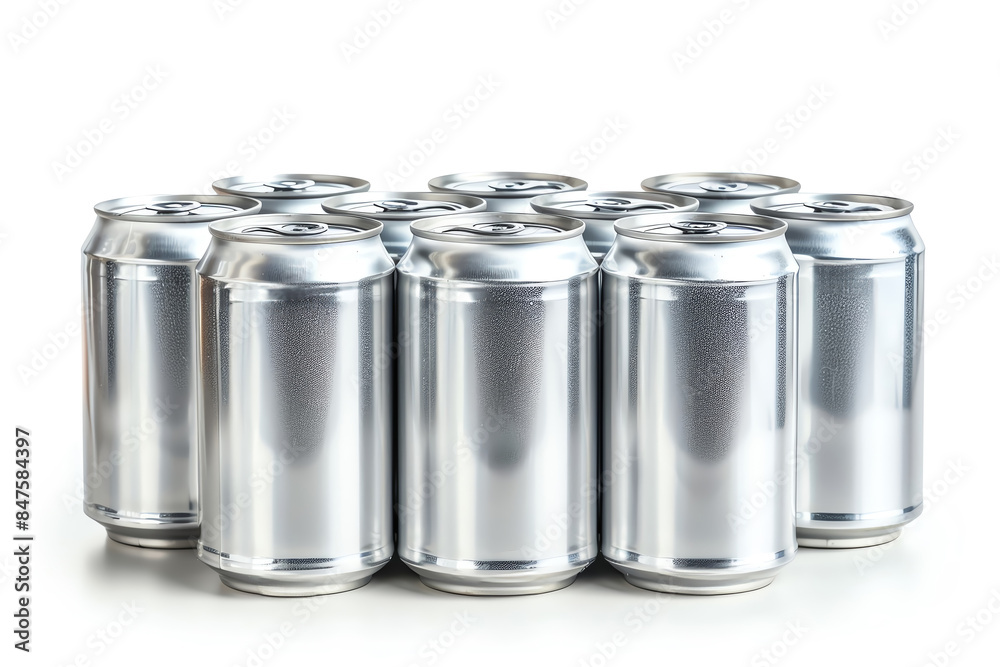 A group of ten silver aluminum cans arranged in a circle on a white background. A group of ten silver aluminum cans arranged in a circle on a white background.