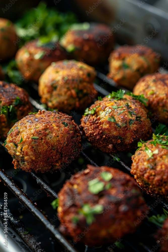 Close-up image of freshly fried falafel balls, showcasing their crispy texture and golden-brown color