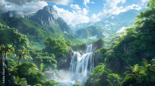 A lush tropical valley with a cascading waterfall, surrounded by vibrant green mountains and palm trees.