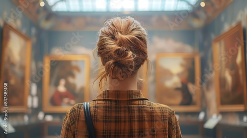 A woman stands in an art gallery, admiring the paintings on display. The soft lighting and warm colors create a serene atmosphere.