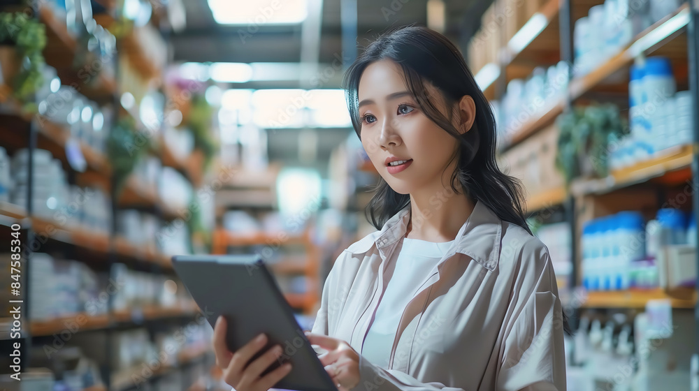 A young woman checks inventory in a store aisle, using a tablet. She is focused and professional. A young woman checks inventory in a store aisle, using a tablet. She is focused and professional.