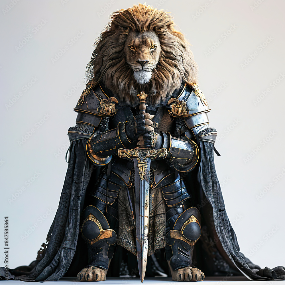 Fototapeta premium Realistic Lion Warrior with weapon. 3D Lion knight cartoon character