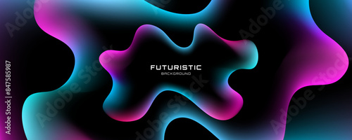 Colorful abstract background on dark space with neon waves decoration. Modern banner with glowing dynamic colors. Graphic design element liquid style concept for web, flyer, card, or brochure cover