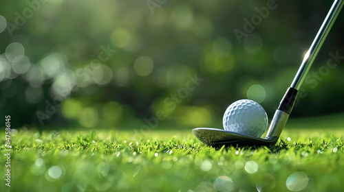 Golf club and ball on green grass with a blurred background of green foliage and sunlight.
