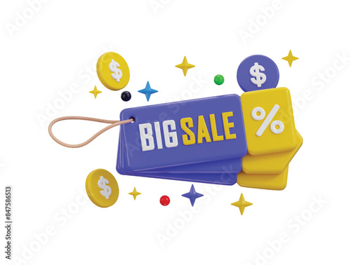 Big Sale tag with discount percentage icon 3d render concept of discount offer tag 3d icon