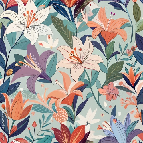 Seamless pattern of stylized lilies and other flowers in soft hues, Generative AI © fahmy