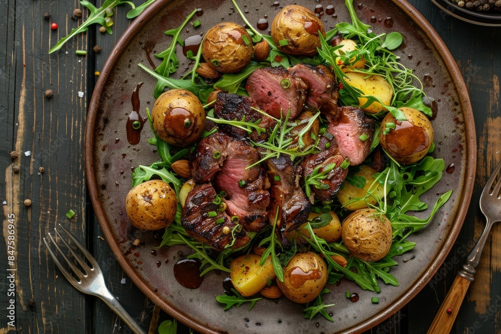 Duck Breast Salad, Potato Balls, Greens Mix and Sauce on Ceramic Plate, Meat Salat with Potatoes Duck Breast Salad, Potato Balls, Greens Mix and Sauce on Ceramic Plate, Meat Salat with Potatoes