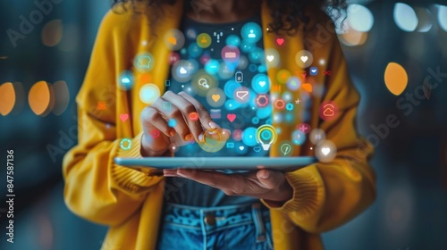 Woman Using Digital Tablet with Colorful Social Media Icons and Notifications in Modern Urban Setting, Concept of Online Communication, Networking, and Technology in Contemporary Lifestyle