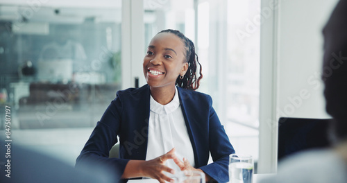 African woman, lawyer and meeting for negotiation with clients for advice, information or consultation. Person, advocate or attorney in modern office for legal counseling with people at law firm