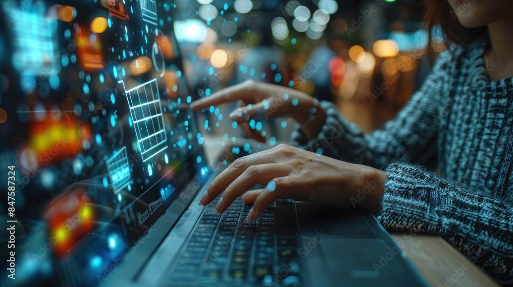 Close-up of Hands Typing on Laptop Keyboard with Digital Interface and Data Visualization in Background, Concept of Technology, Programming, and Cybersecurity Close-up of Hands Typing on Laptop Keyboard with Digital Interface and Data Visualization in Background, Concept of Technology, Programming, and Cybersecurity