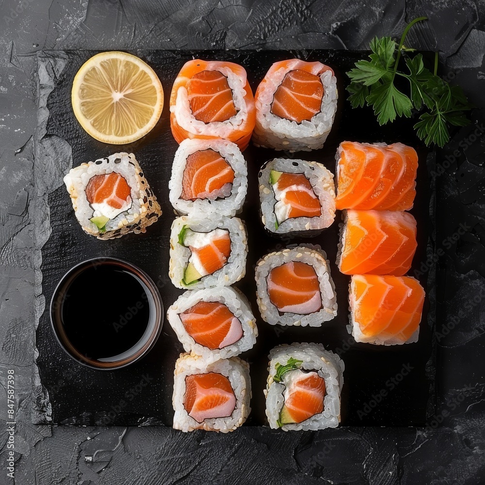 Nori Maki Philadelphia Sushi Rolls Set, Uramaki or Futomaki Sushi with Red Fish, Raw Salmon Nori Maki Philadelphia Sushi Rolls Set, Uramaki or Futomaki Sushi with Red Fish, Raw Salmon
