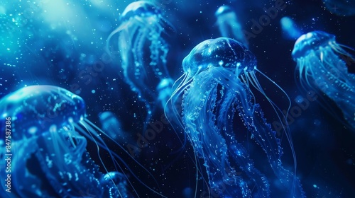 bioluminescent glowing deep ocean creatures abstract background © fledermausstudio
